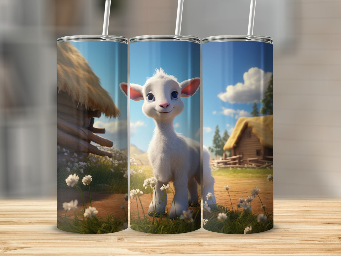 Cute Cartoon Lamb Scene Wraps Farmhouse Theme Tumbler