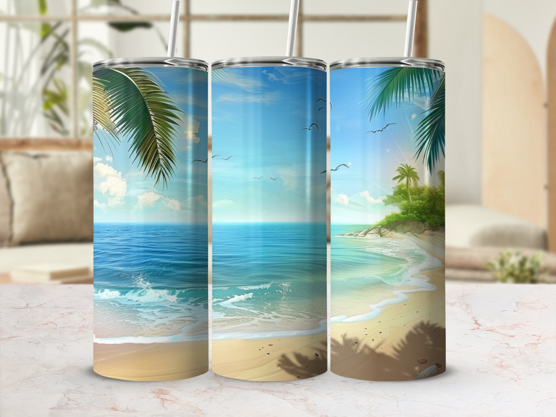 Three beach-themed tumblers with palm trees, ocean, and sandy shore designs.