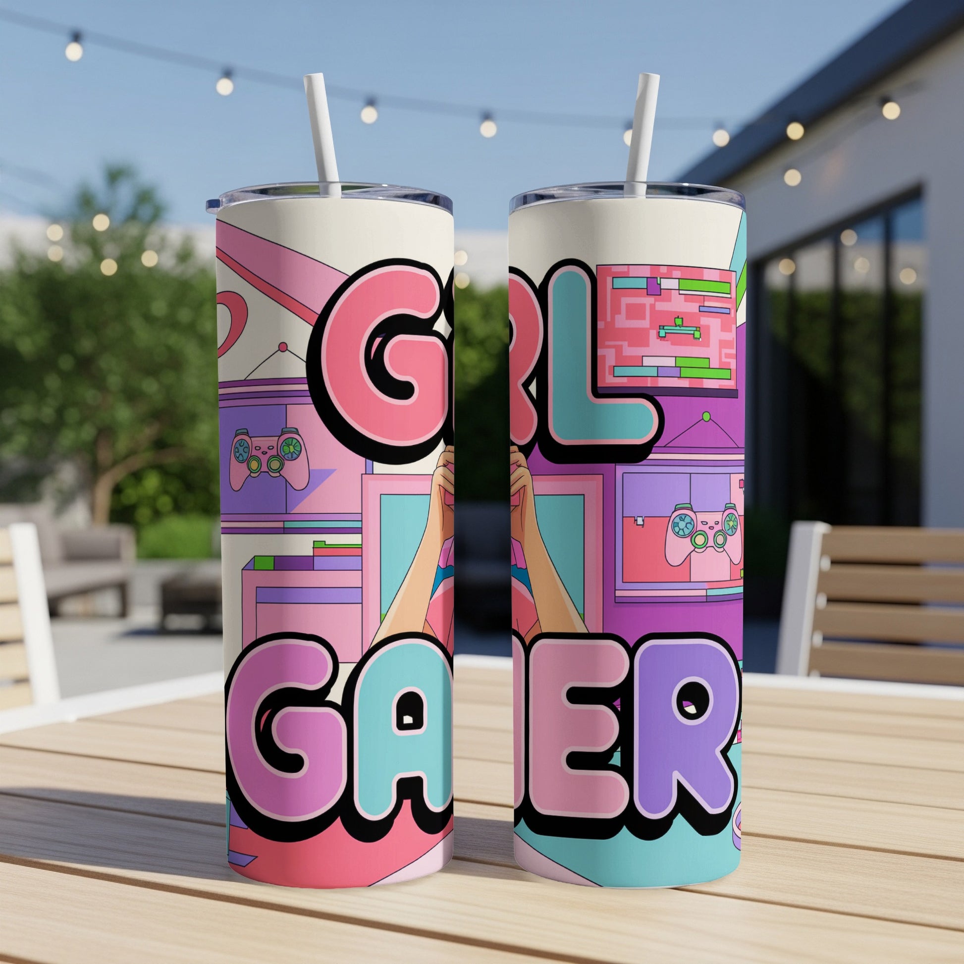 Two tall tumblers with "Girl Gamer" text and pixel art game graphics.