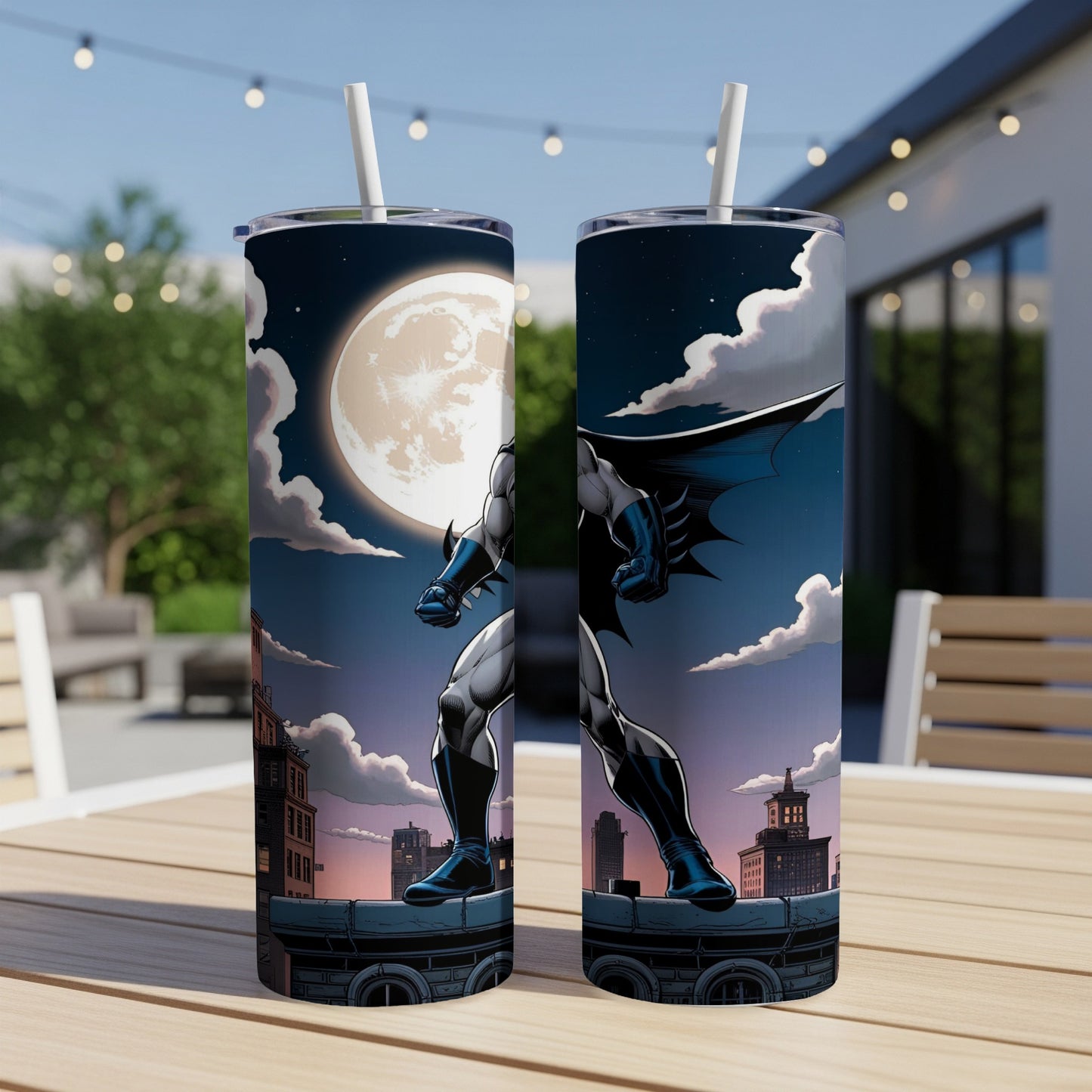 Batman standing on a rooftop at night with a full moon.