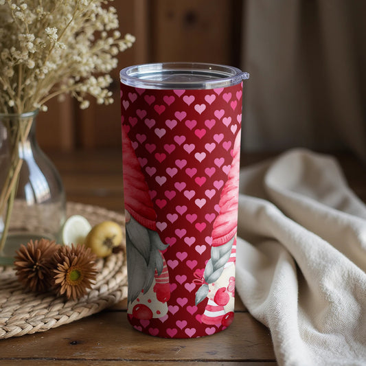 Heart Patterned Tumbler with Adorable Gnome Design