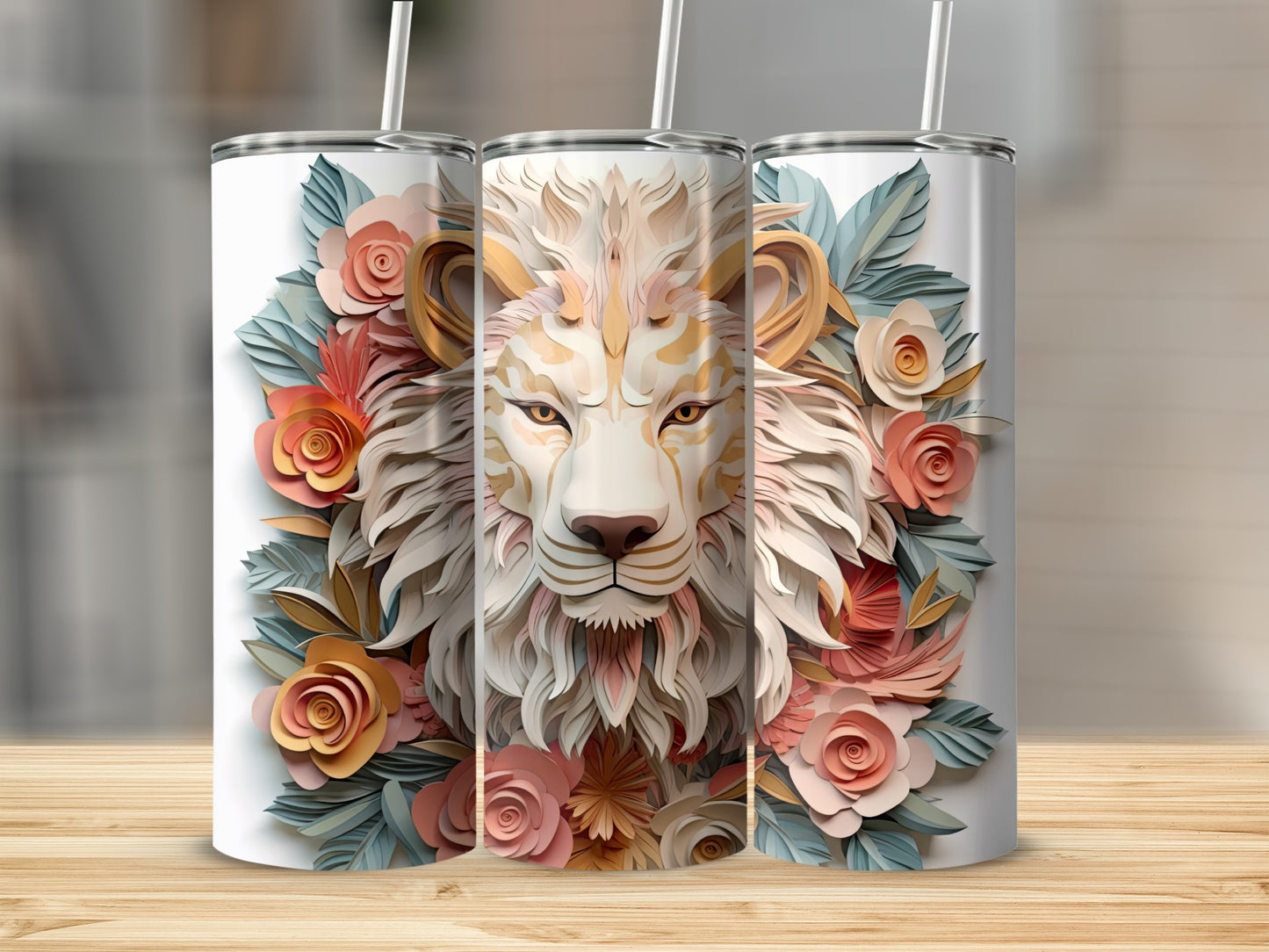 White tumbler with a detailed lion and floral design.