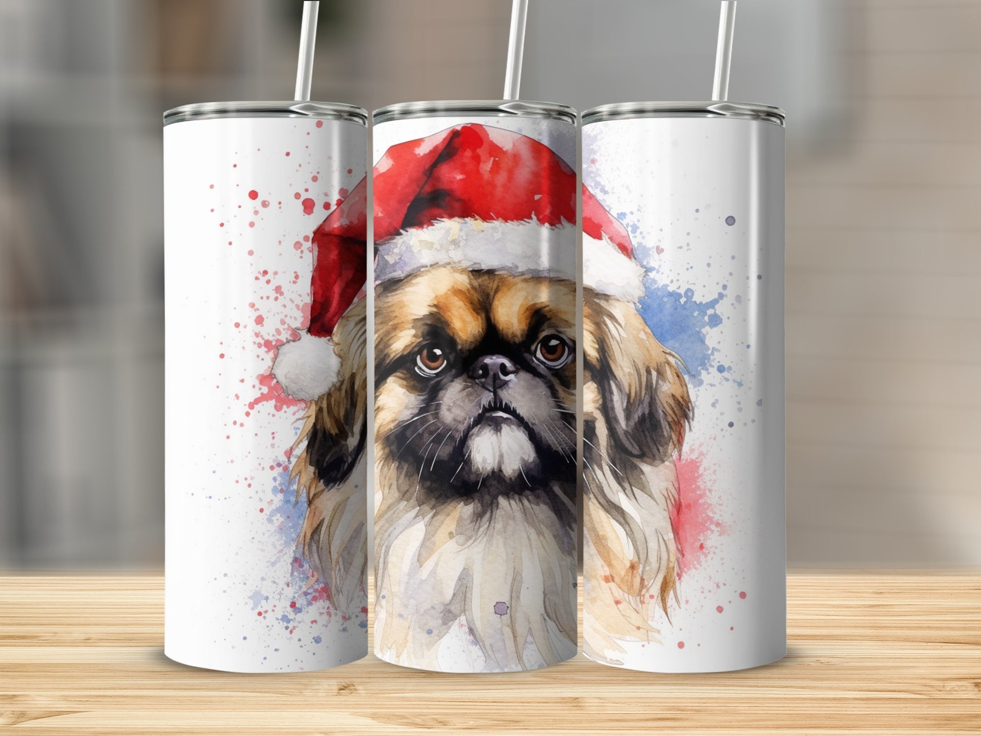Three tumblers featuring watercolor Pekingese dog wearing a Santa hat.