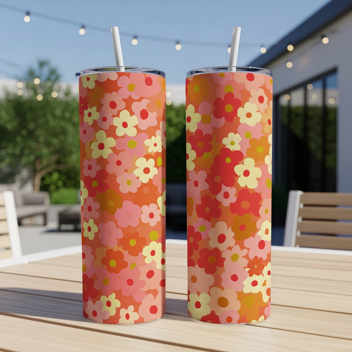 Two tall tumblers with a retro floral pattern on a wooden table.