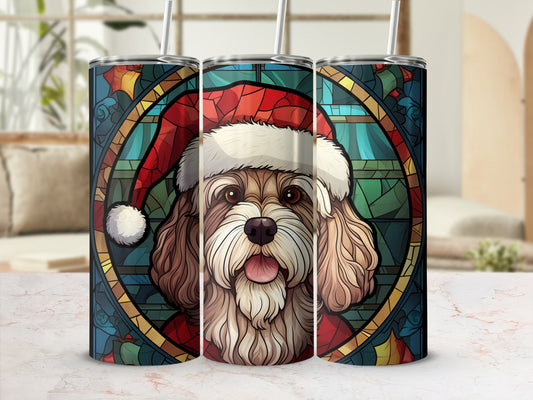 Santa hat dog with stained glass border on a tumbler.