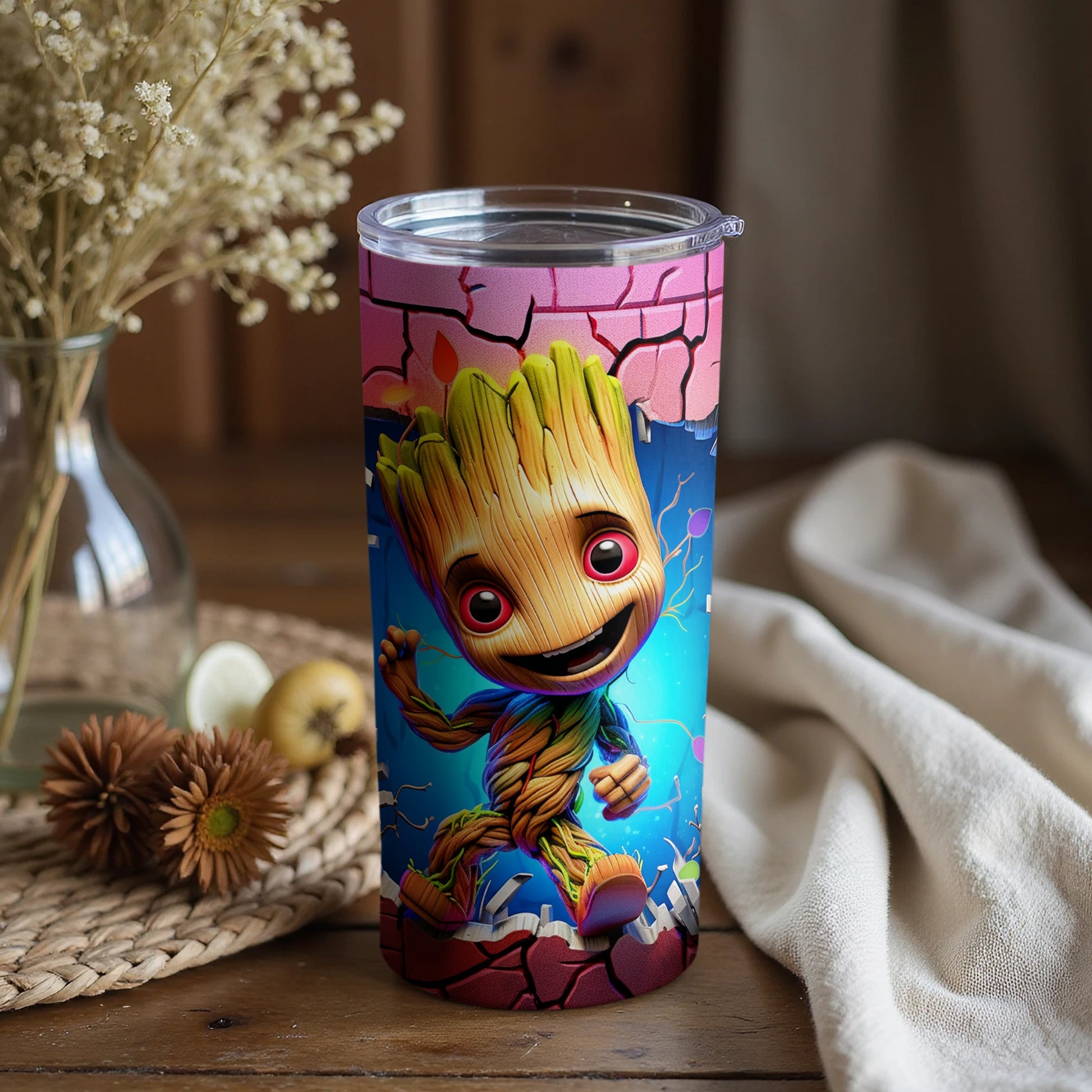 Dancing Groot Travel Tumbler with Floral Background