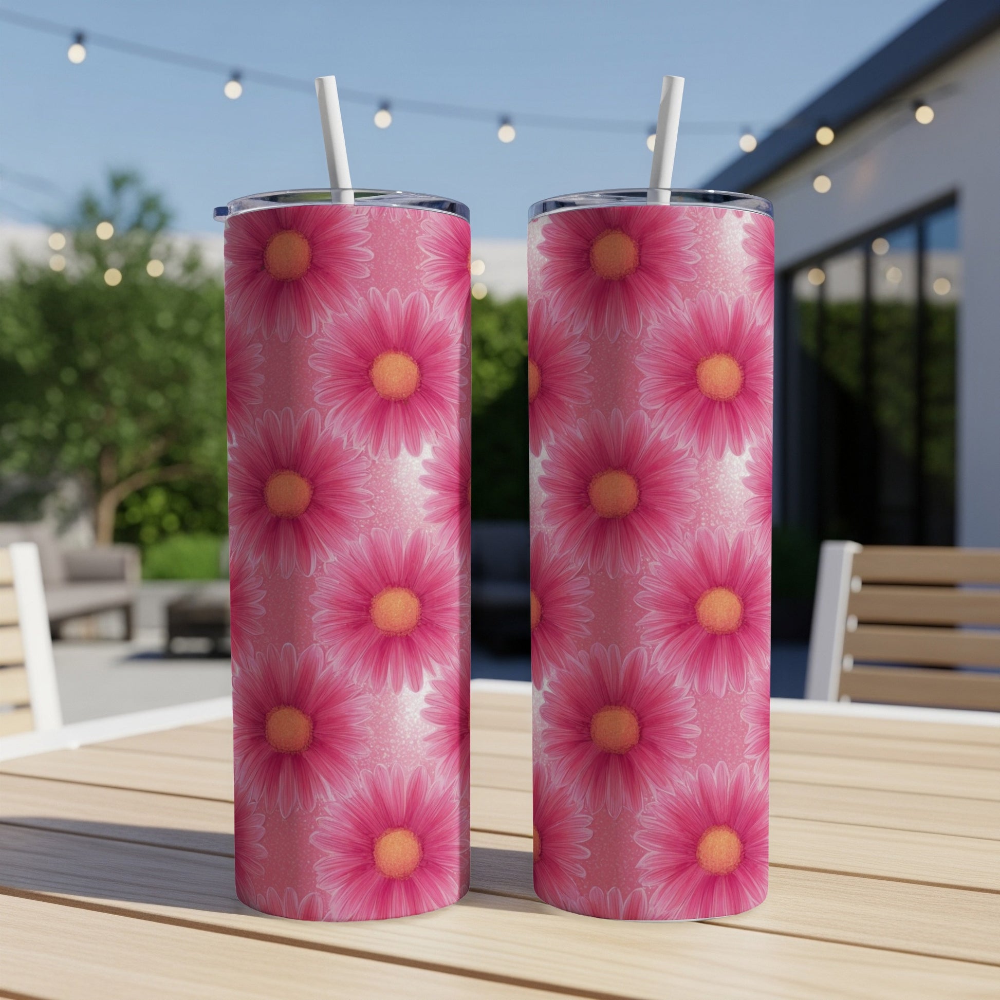 Two pink floral tumblers with straws on a wooden table.