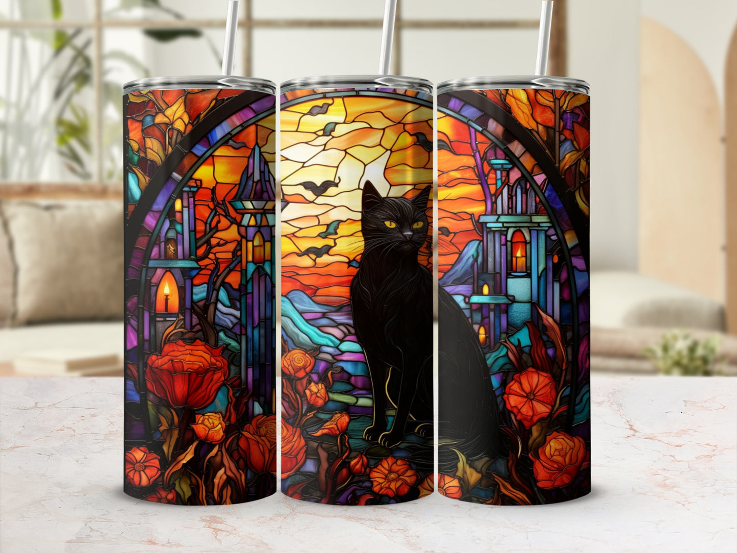 Three tumblers with a black cat, castle, and floral design in stained glass style.