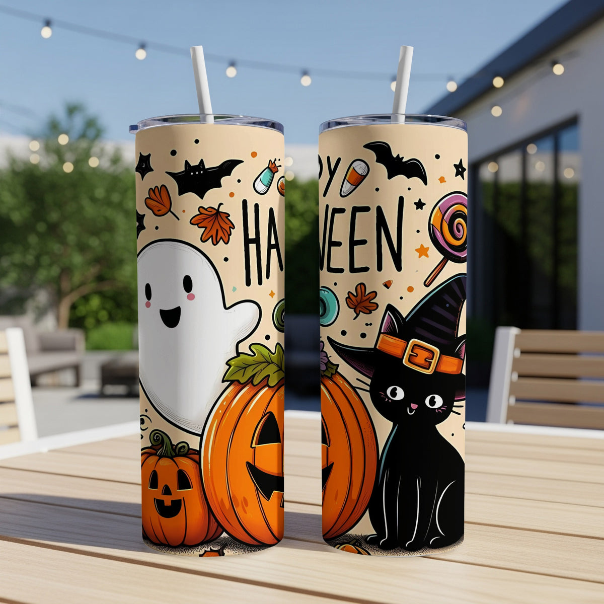Two Halloween-themed tumblers with ghost, cat, pumpkins, and candy.