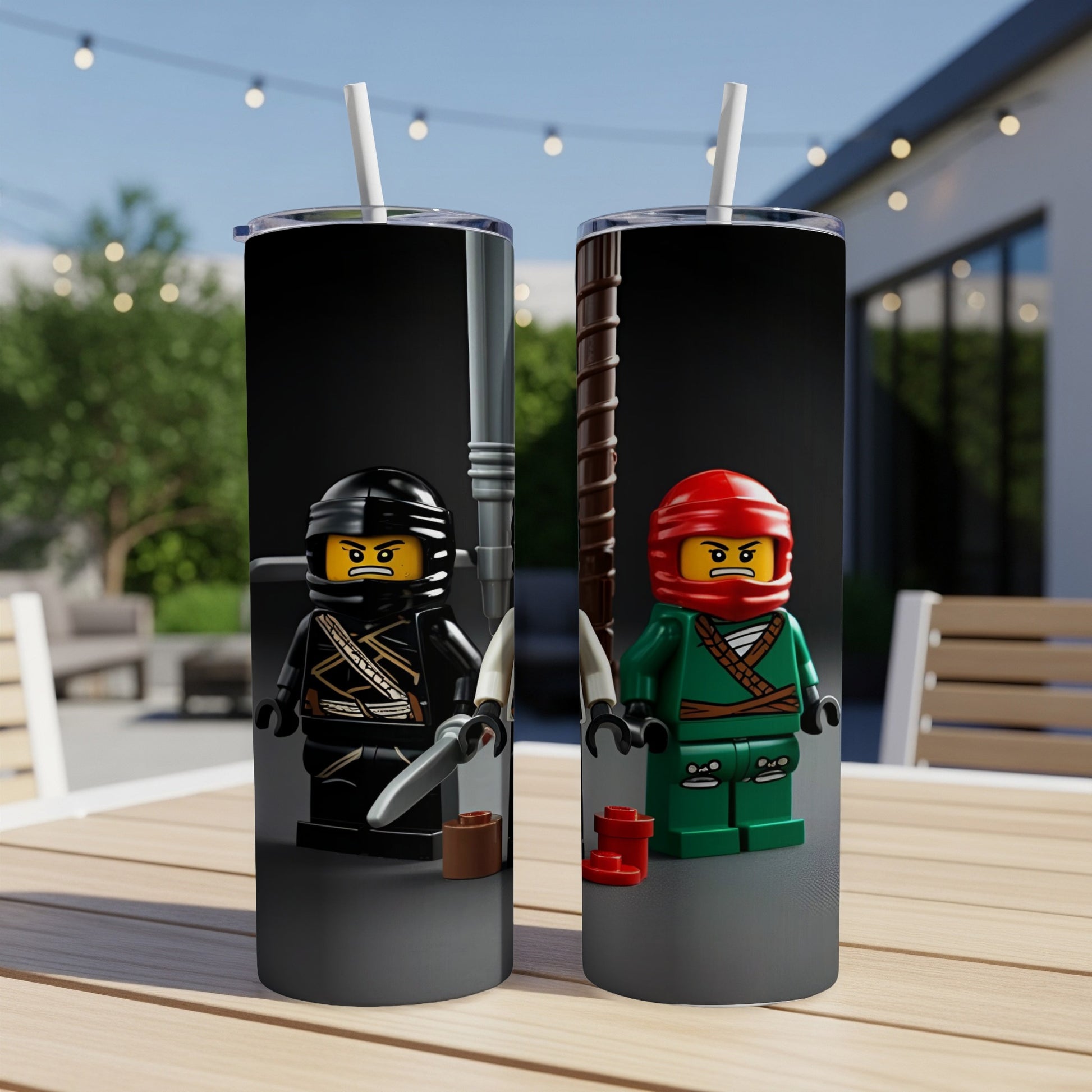 Two LEGO Ninjago characters, one in black with a sword, one in green with a staff.