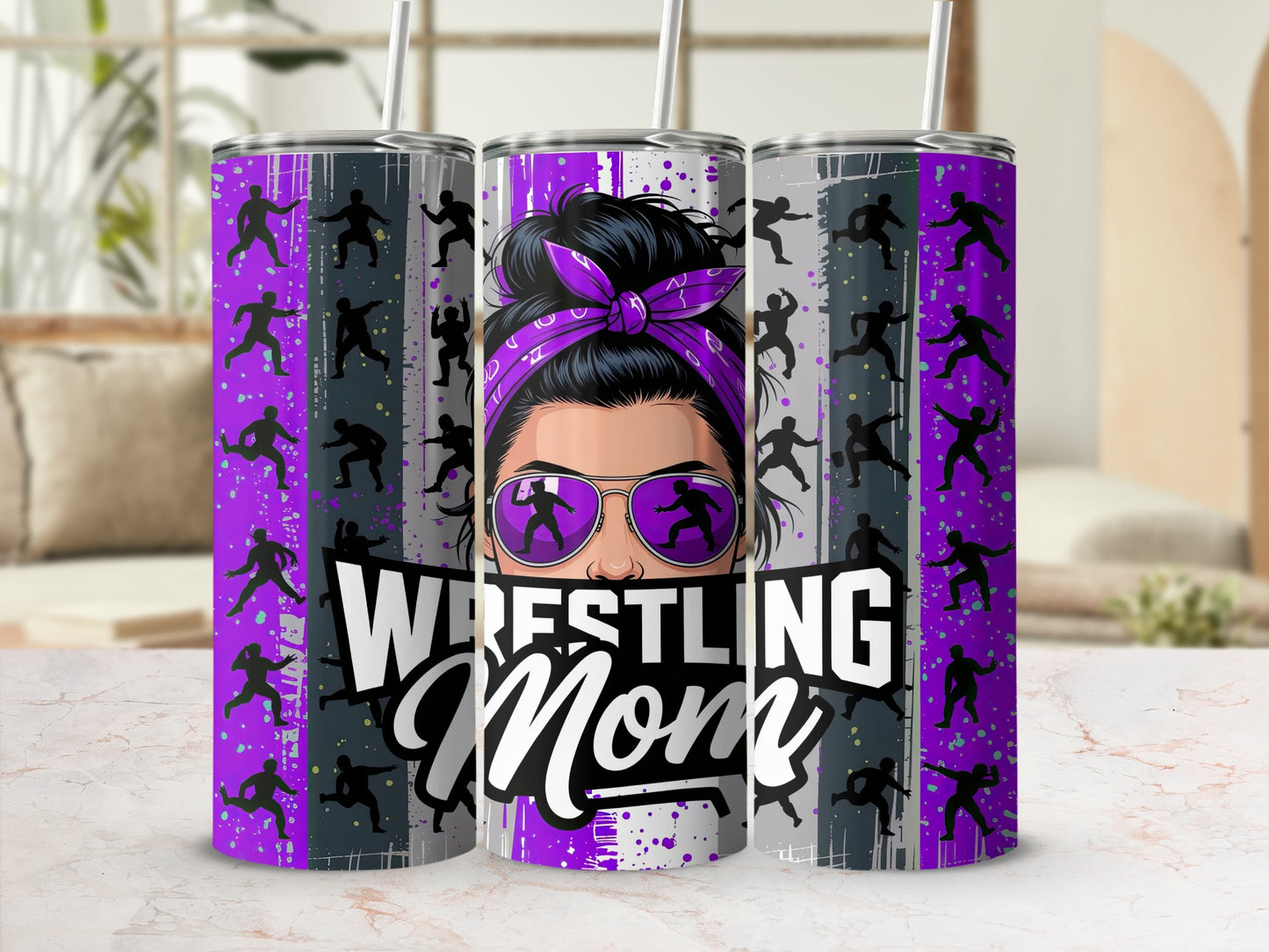 Purple tumbler with wrestler mom graphic, sunglasses, and repeating wrestler silhouette pattern.