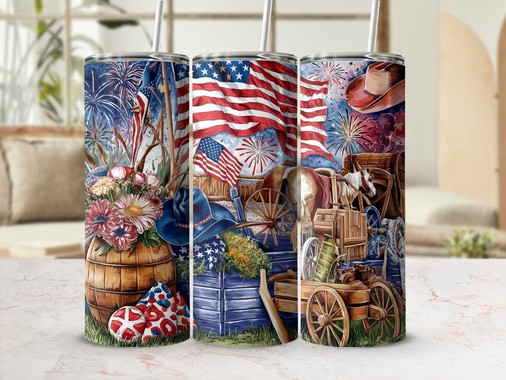 Three patriotic tumblers with fireworks, flags, flowers, and a wagon.
