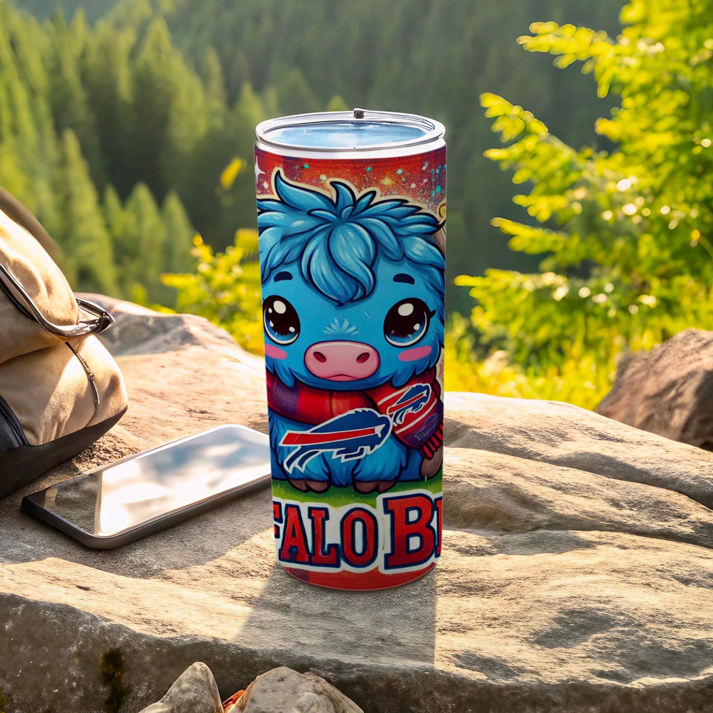 Blue cartoon bison wearing Buffalo Bills scarf on a tumbler.