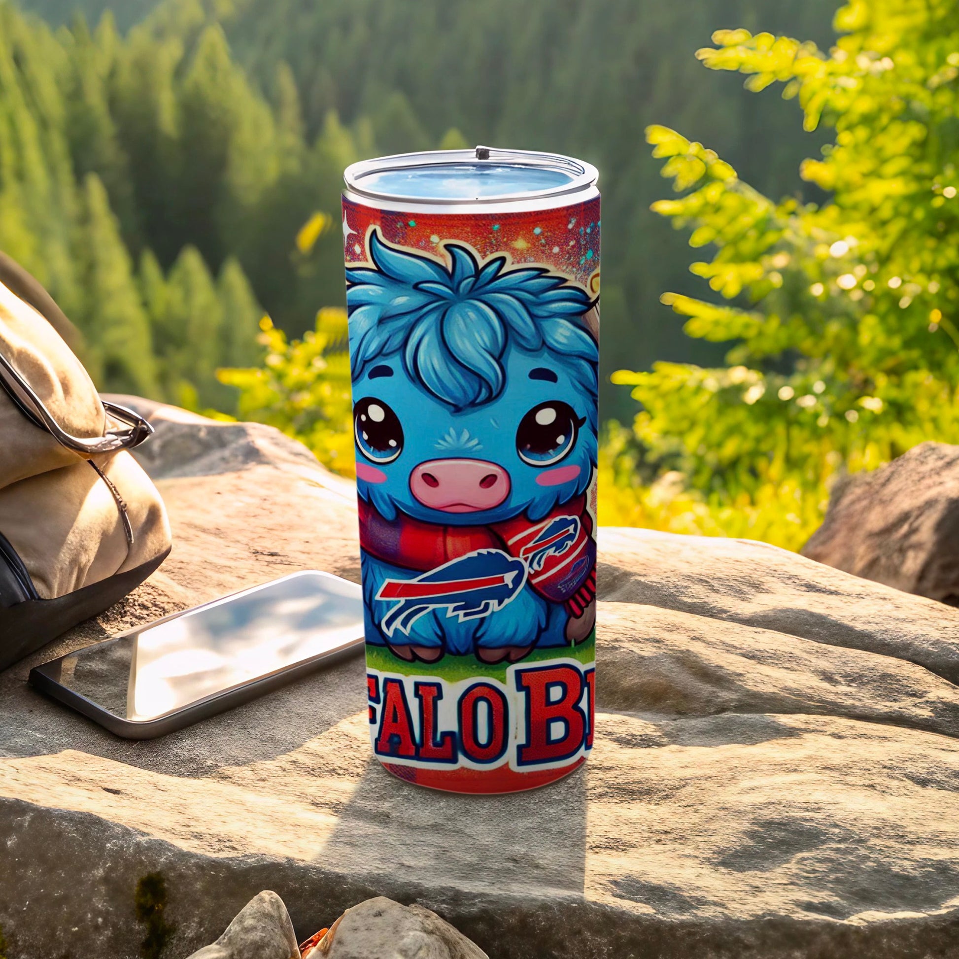 Blue cartoon bison wearing Buffalo Bills scarf on a tumbler.