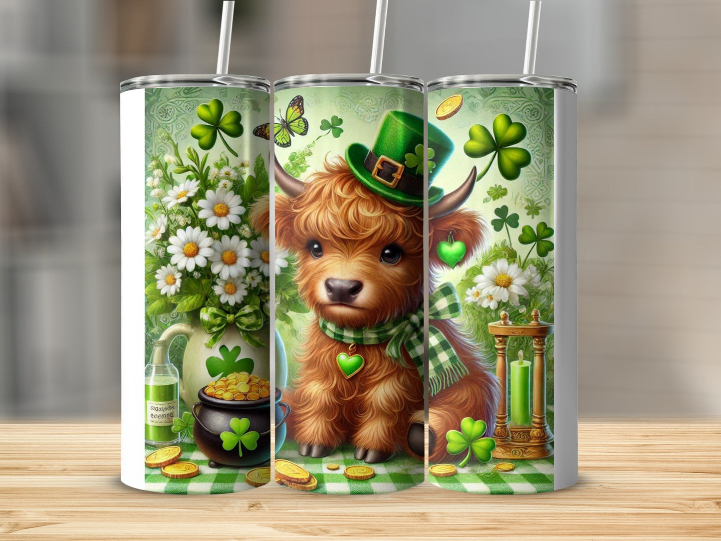 Highland cow wearing green hat and scarf, surrounded by shamrocks and St. Patrick's Day motifs.