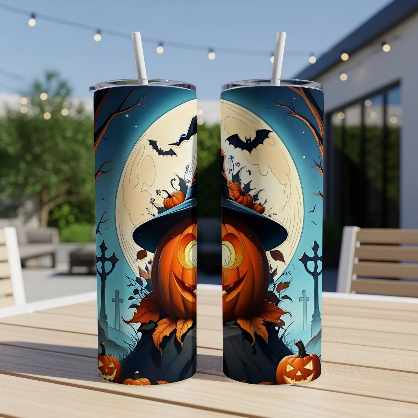 Two tumblers with a Halloween theme featuring smiling pumpkins and bats against a full moon.