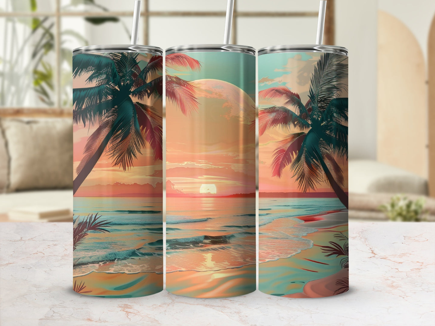 Tropical beach sunset with palm trees on a tumbler.
