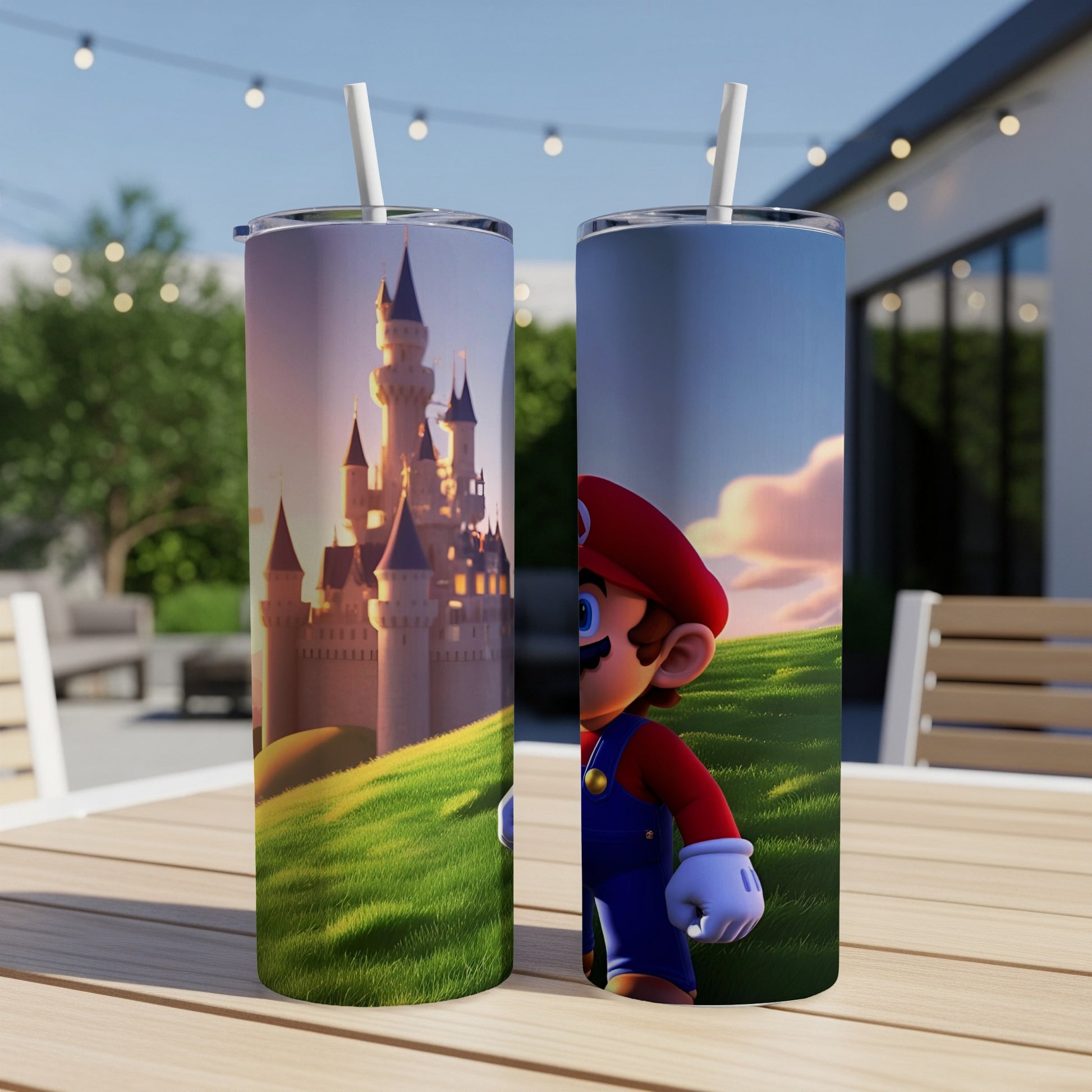 Mario character on a tumbler with a castle in the background.