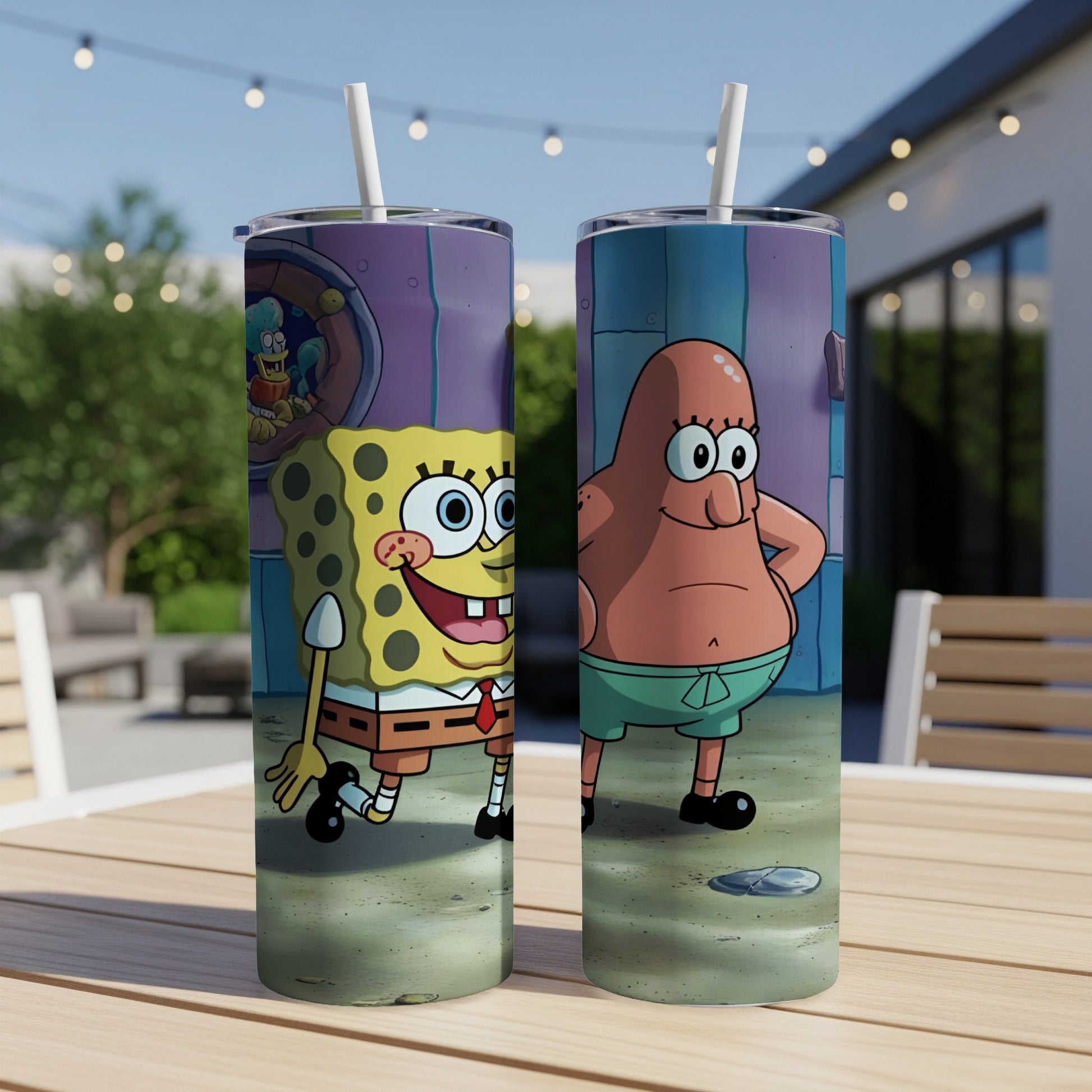 SpongeBob SquarePants and Patrick Star printed on two tumblers.