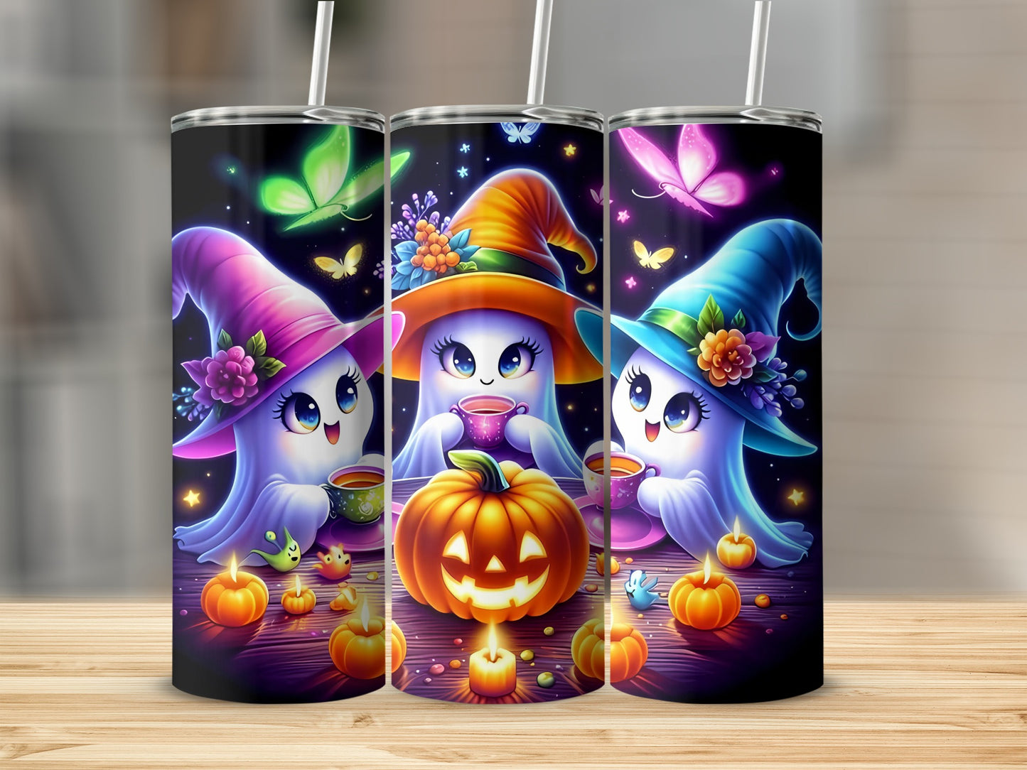 Three Halloween ghosts in witch hats holding mugs with a jack-o-lantern.
