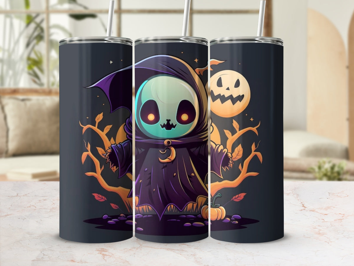 Three tumblers with a cute grim reaper and jack-o'-lantern Halloween design.