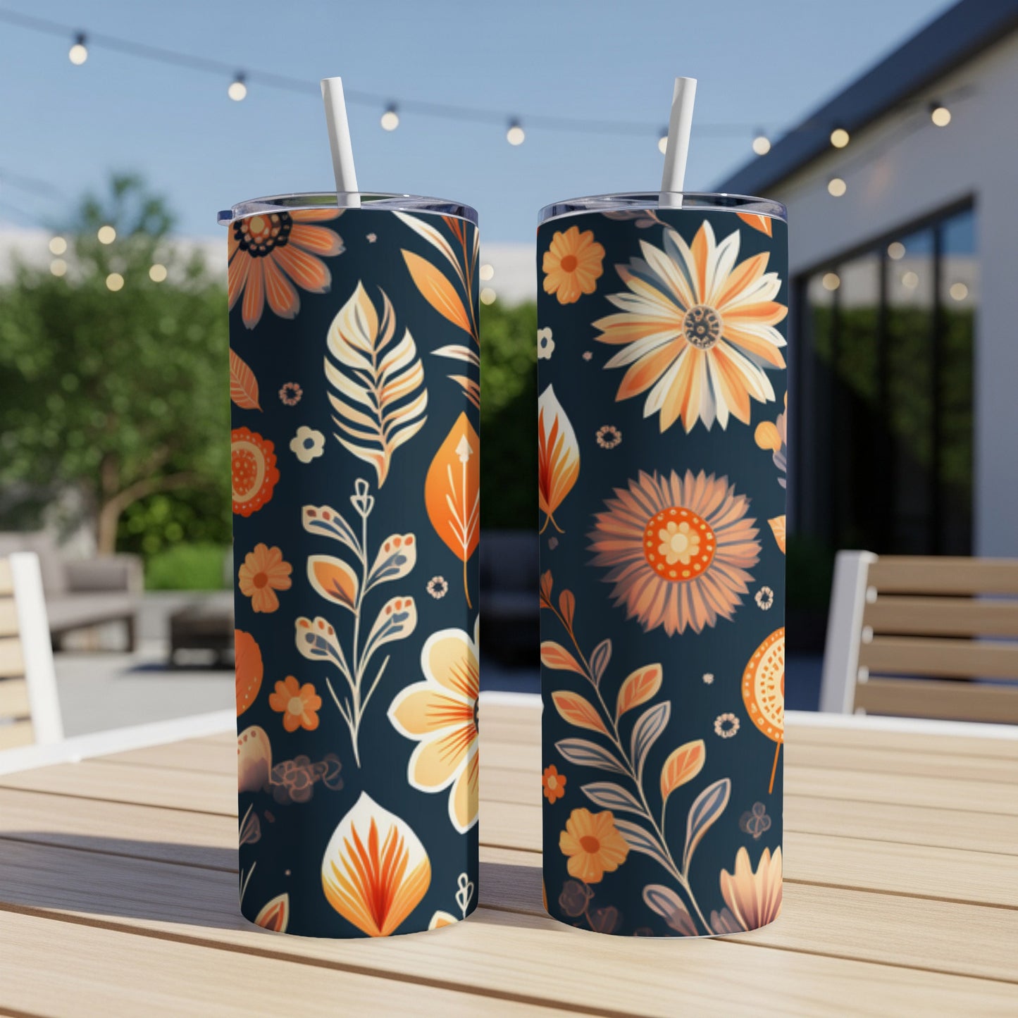 Two tall tumblers with floral and leaf patterns on a table outdoors.