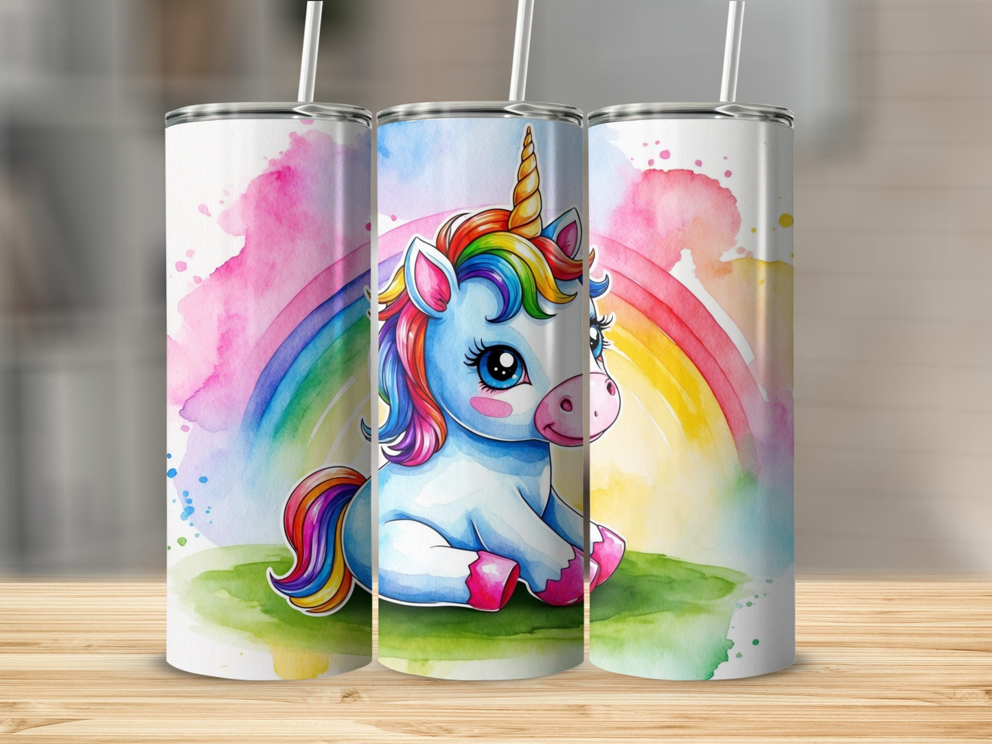 Watercolor unicorn with rainbow on a tumbler.