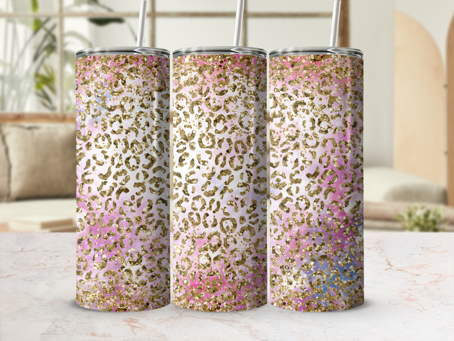 Glitter Leopard Print Ombre Tumbler Cup