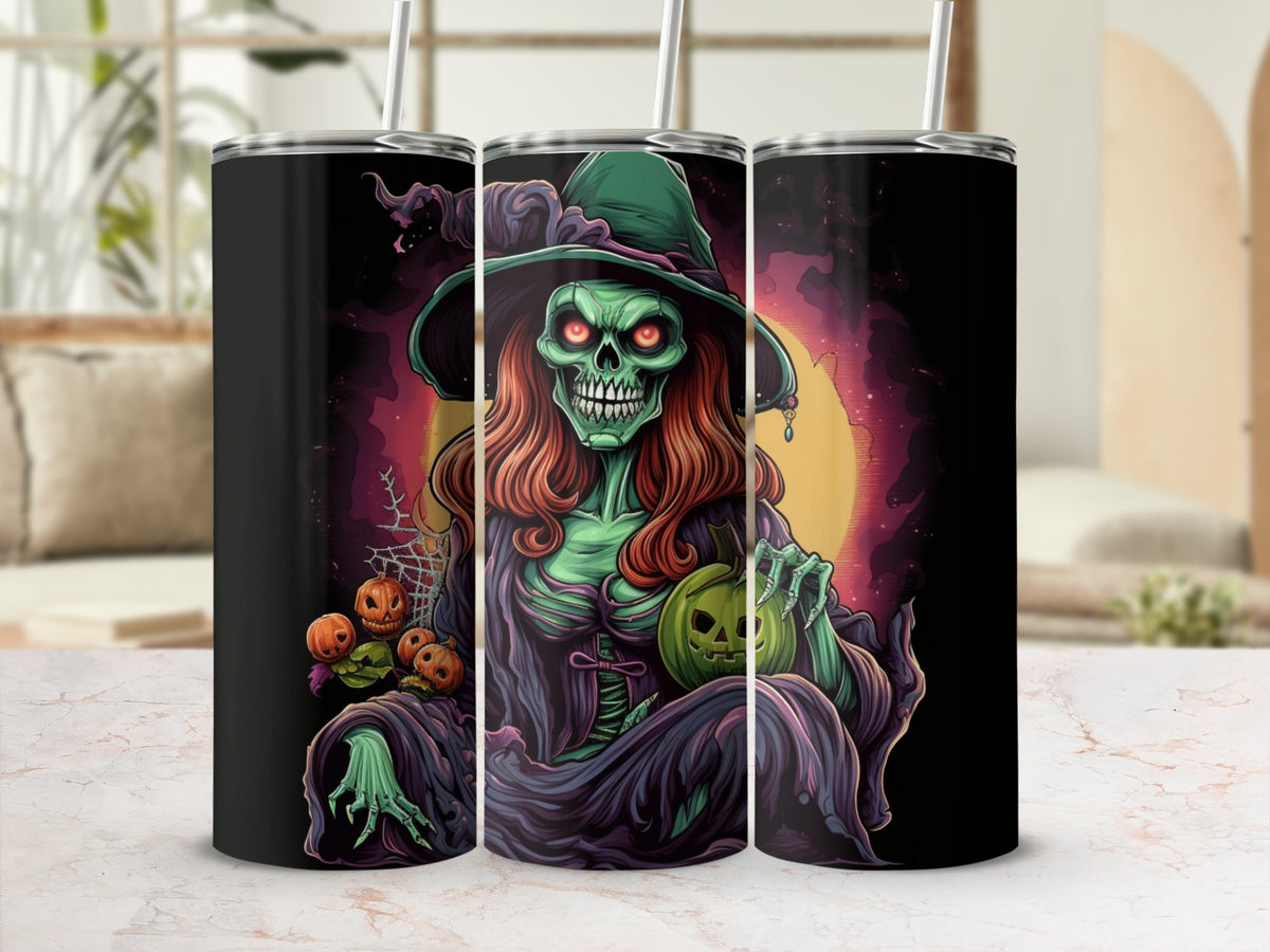 Green skeleton witch with pumpkins and jack-o-lanterns on Halloween-themed tumblers.