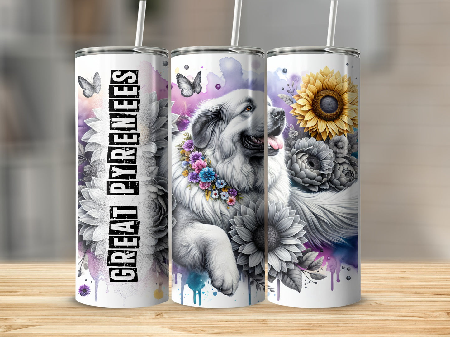 Great Pyrenees dog with flowers and sunflowers on three tumblers.