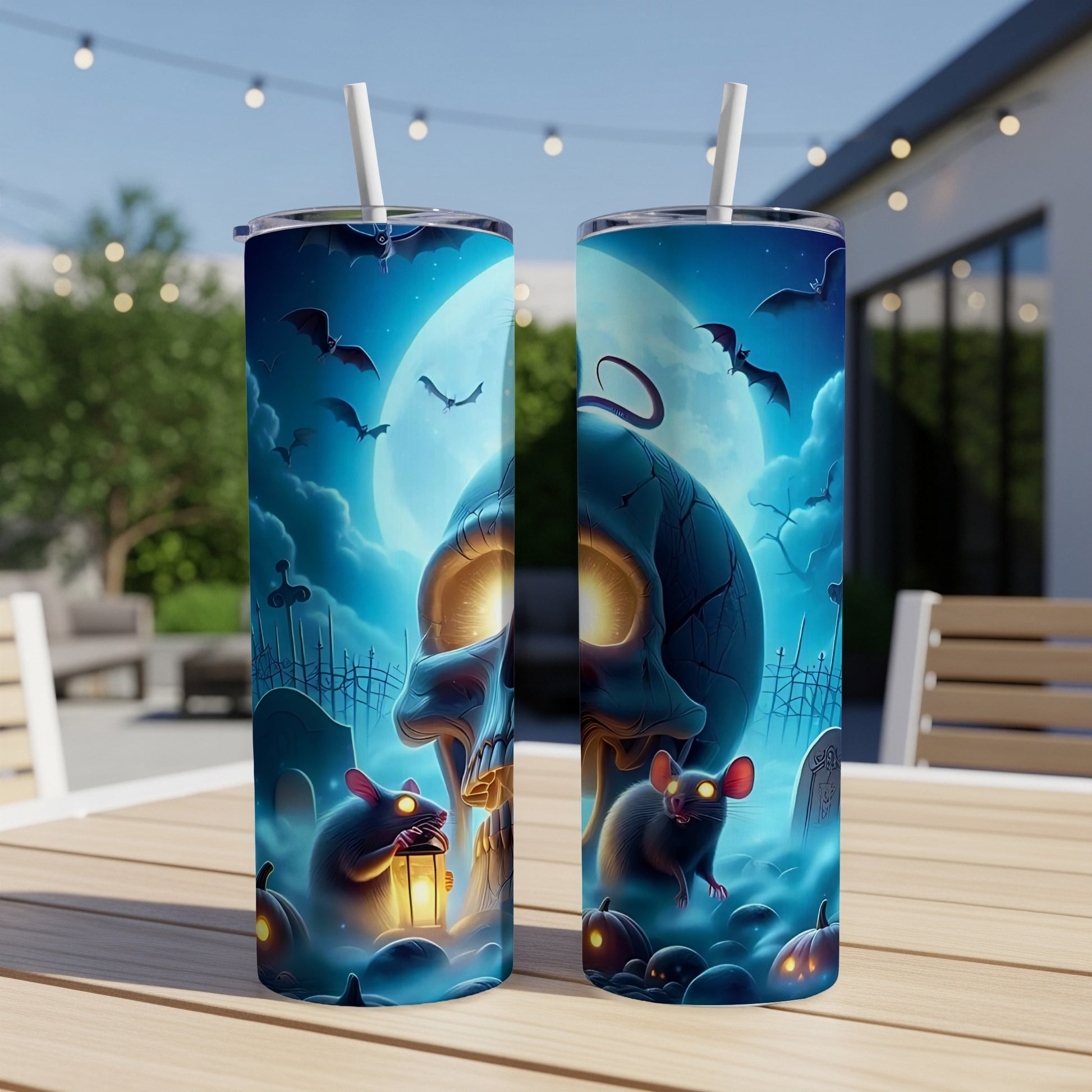 Two Halloween tumblers with a spooky graveyard, skull, bats, mice, and pumpkins design.