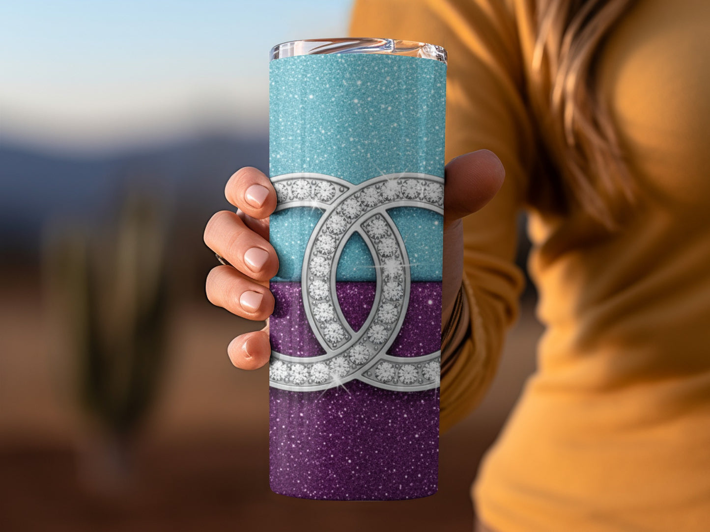 Silver Diamond Logo On Two Tone Glitter Background Tumbler