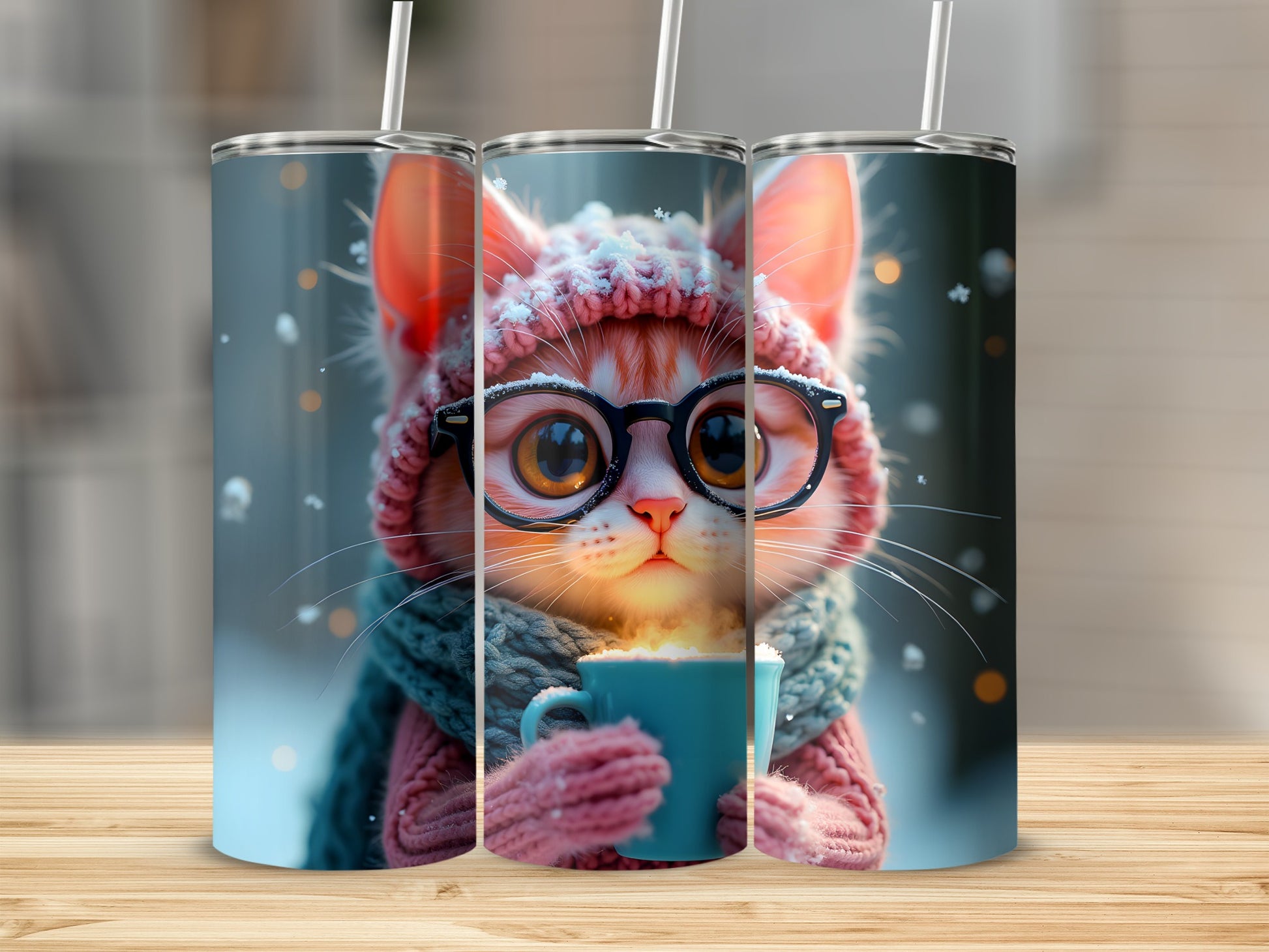 Cute cat wearing glasses and a knitted hat holds a mug of hot chocolate.