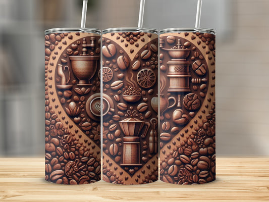 Three tumblers with a coffee bean and heart design.