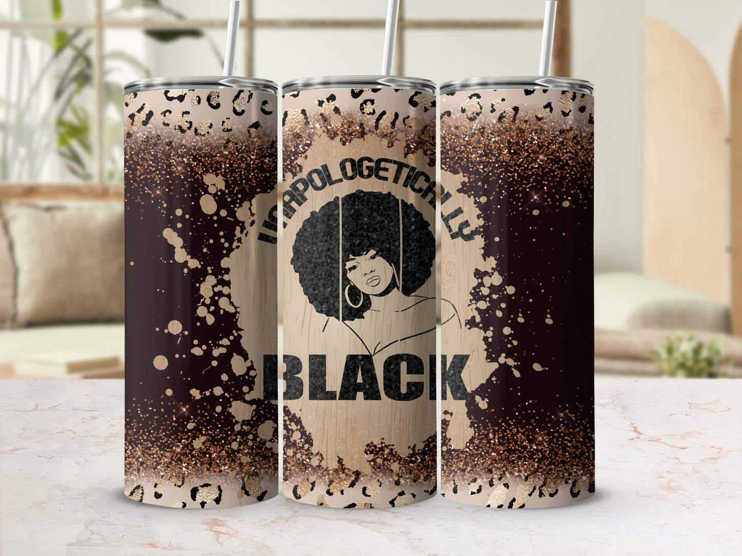 Tumbler with leopard print, glitter, and text "unapologetically BLACK".