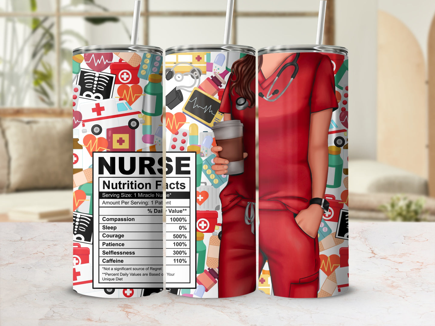 Tumbler with "Nurse Nutrition Facts" label and medical-themed pattern.