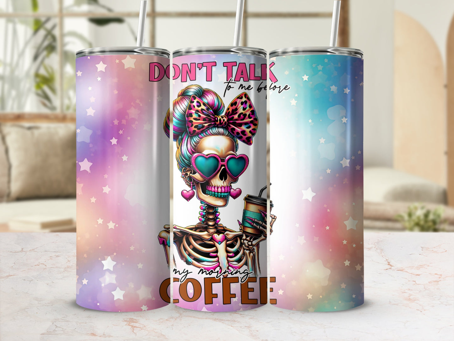 Skeleton in heart sunglasses with "Don't talk to me morning coffee" text.