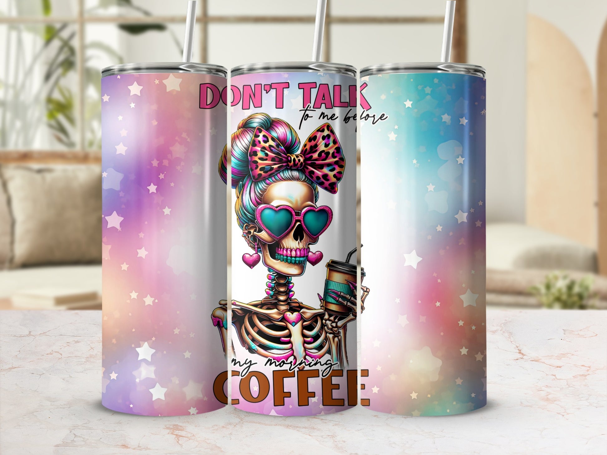 Skeleton in heart sunglasses with "Don't talk to me morning coffee" text.
