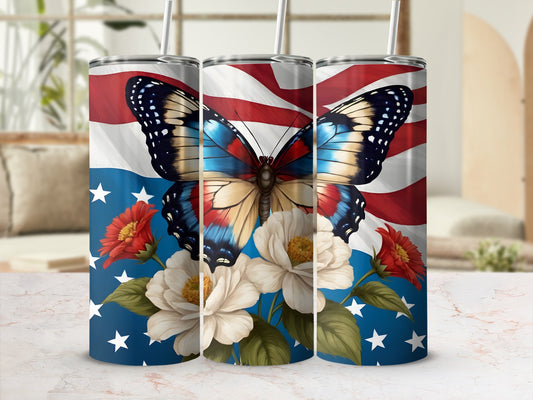 Tumbler with American flag, butterfly, and floral designs.