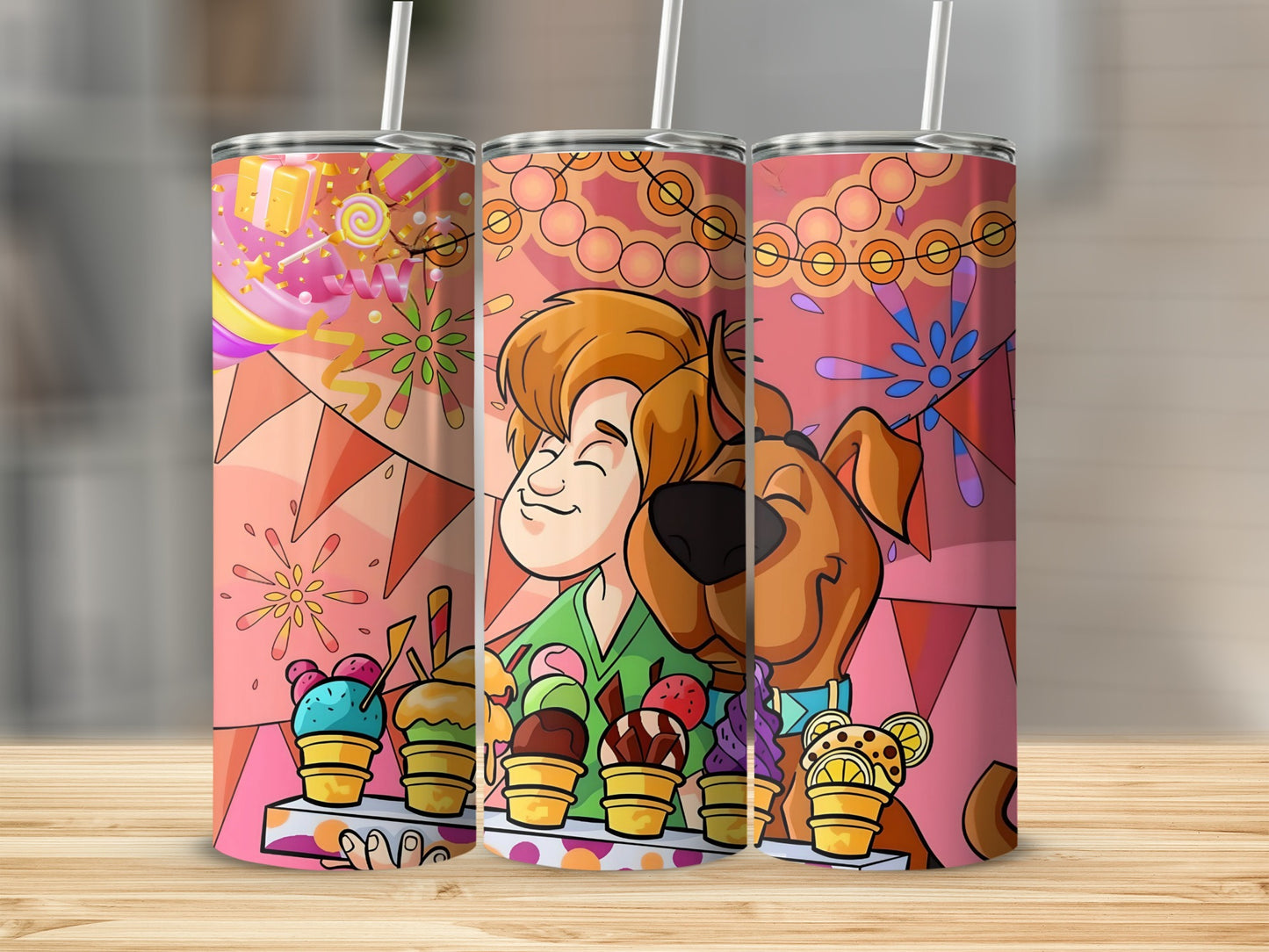 Scooby-Doo and Shaggy with ice cream cones at a carnival.