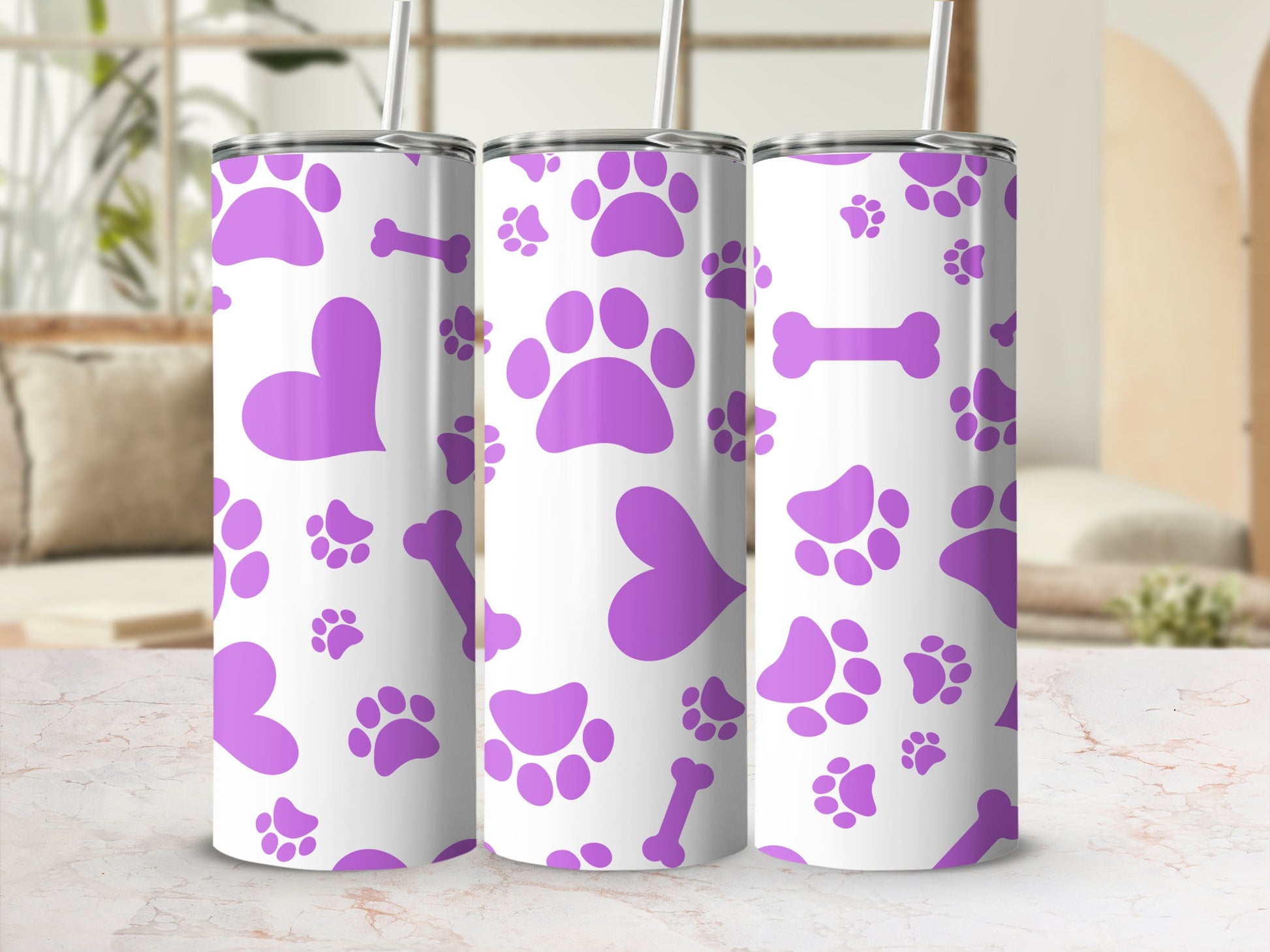 Purple Paw and Heart Print Design Tumbler Cup