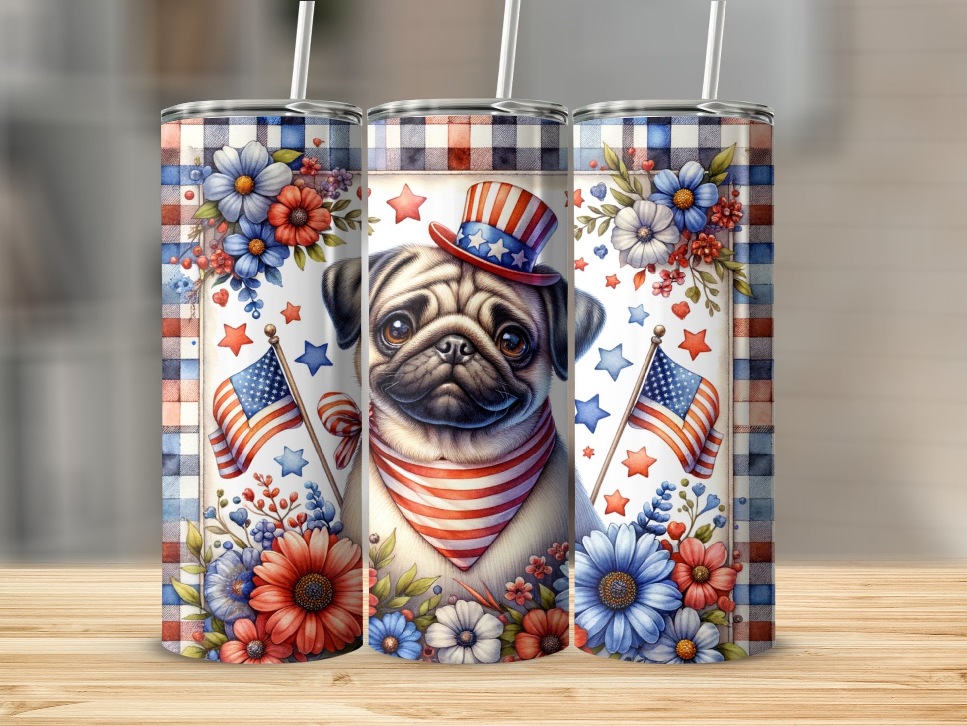 Pug wearing a patriotic hat and bandana, surrounded by flowers and flags.