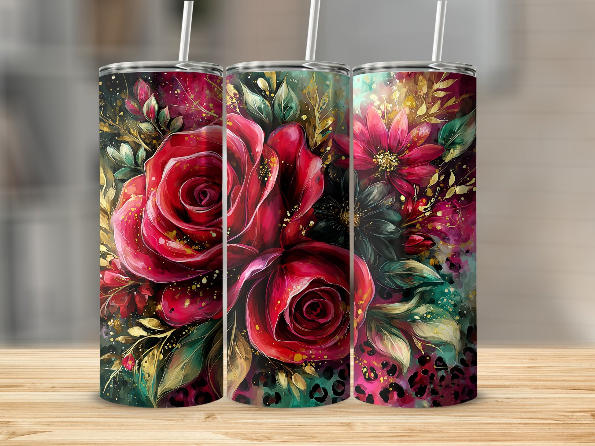 Vibrant Floral Tumbler with Striking Rose Design