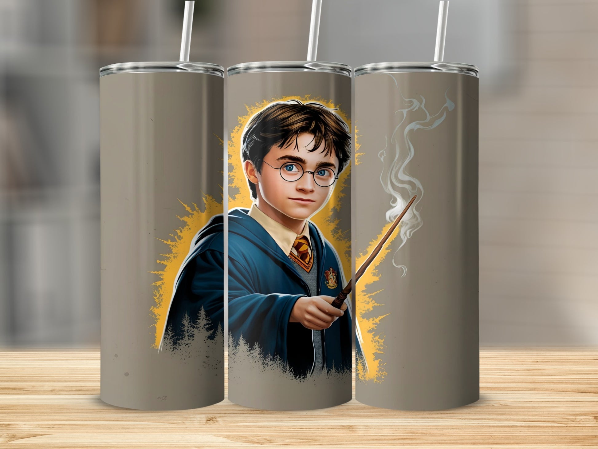 Harry Potter in Gryffindor robes holding a wand with smoke.