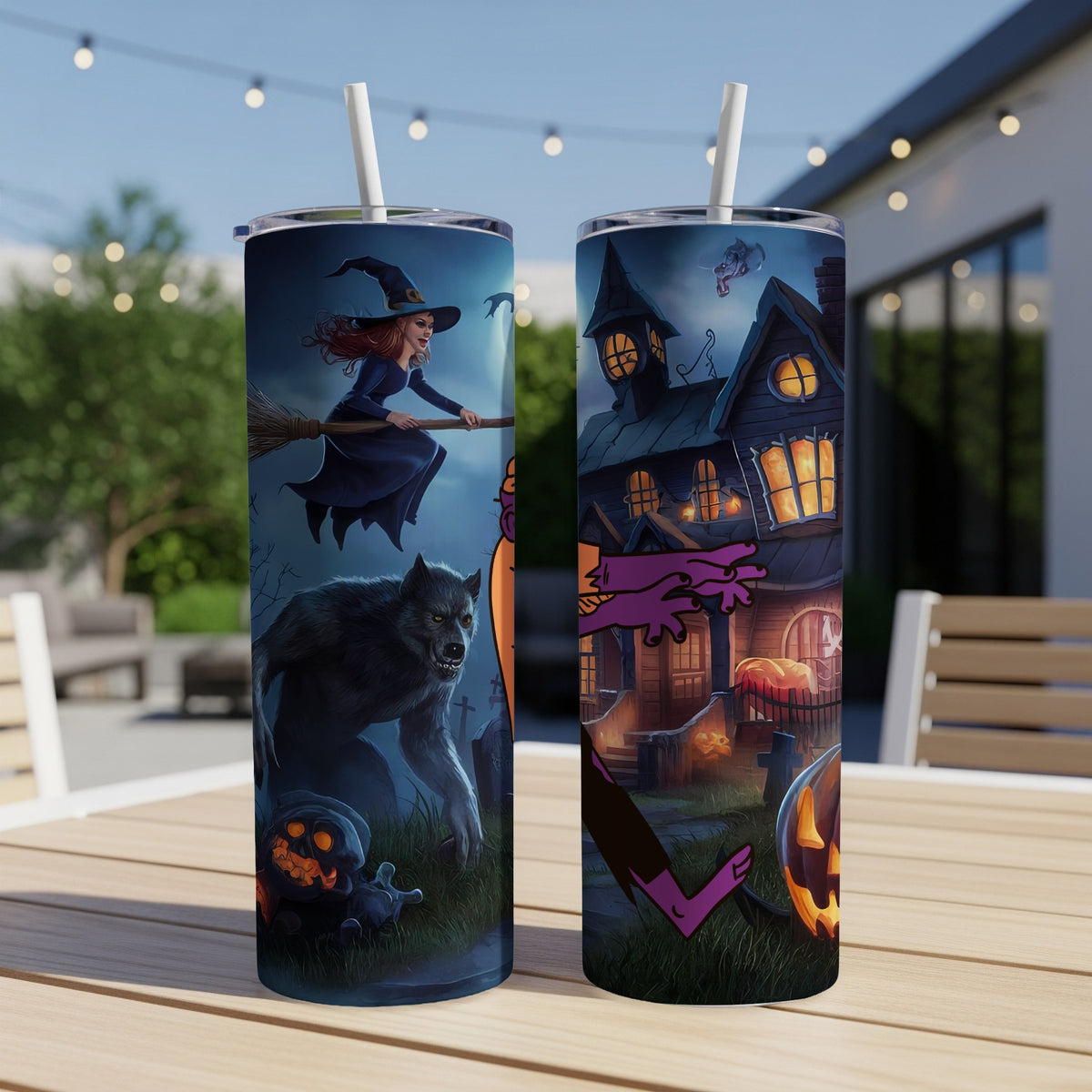 Halloween tumblers with witch, werewolf, haunted house, and pumpkins designs.