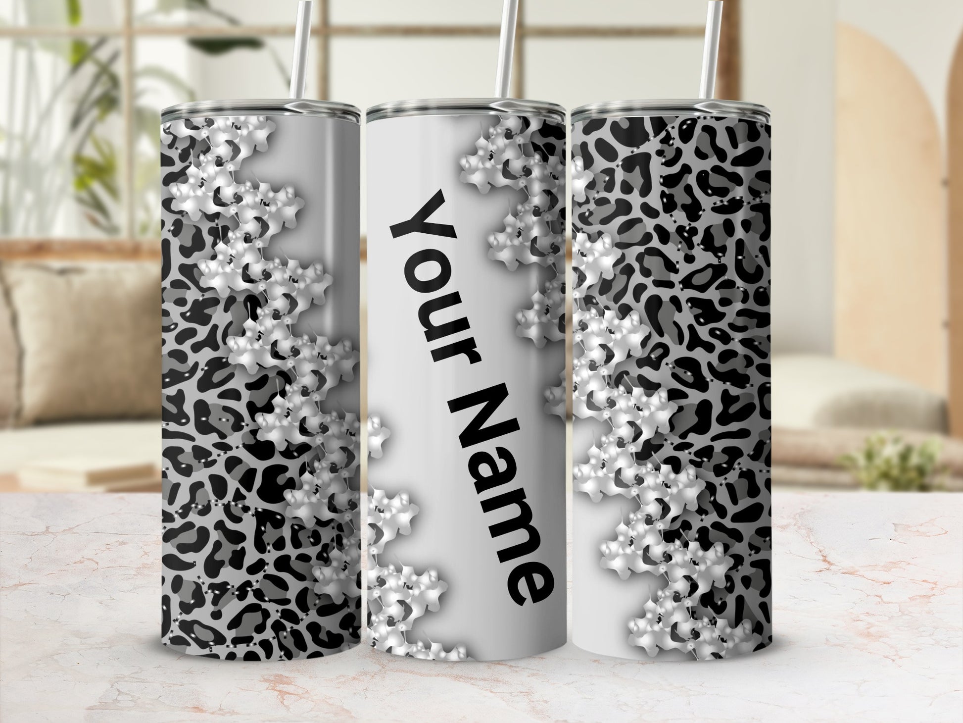 Personalized Black and White Floral Tumbler Design