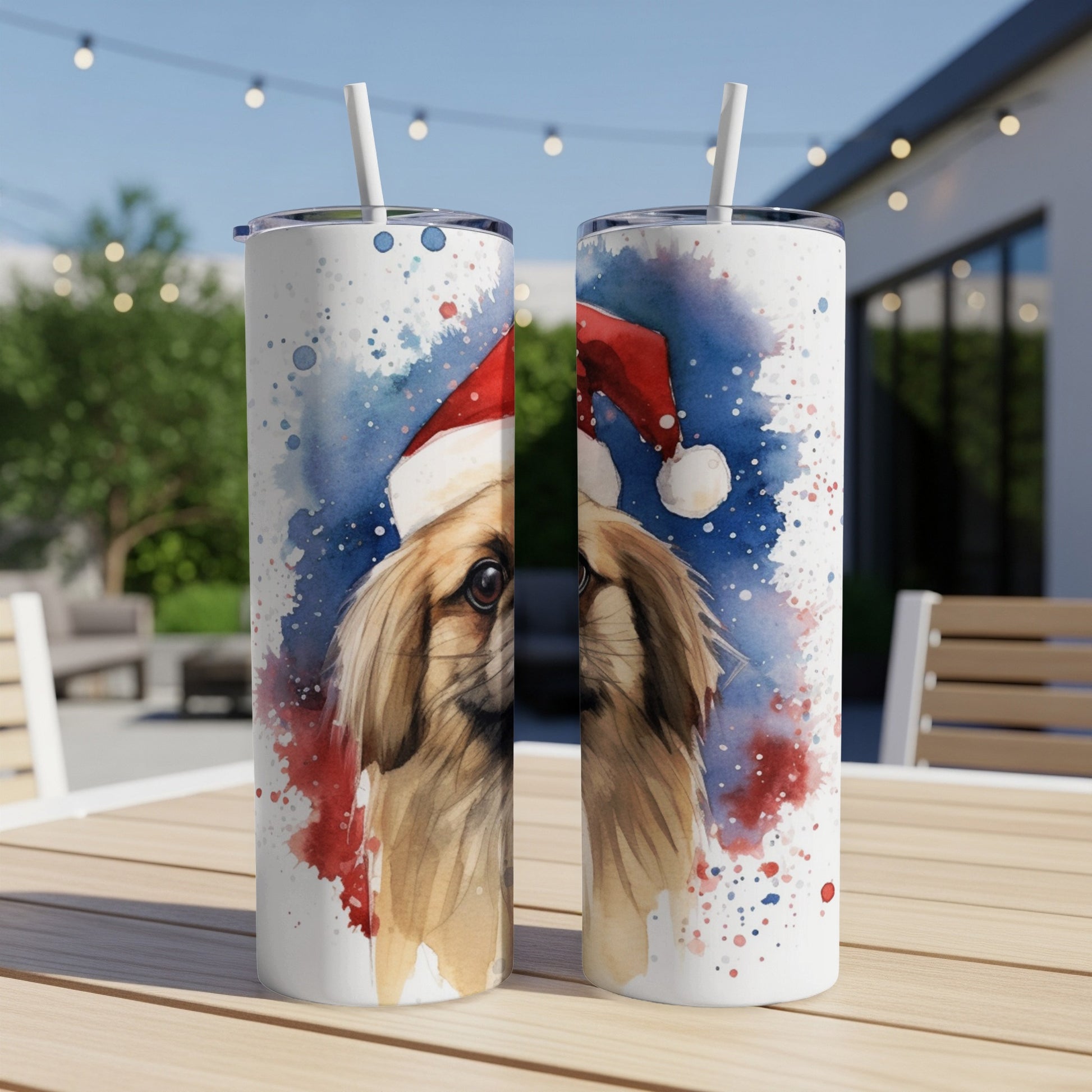 Watercolor portrait of a Pekingese dog wearing a Santa hat on a tumbler.