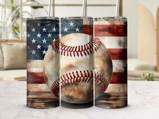 Baseball with American flag background on wooden planks.
