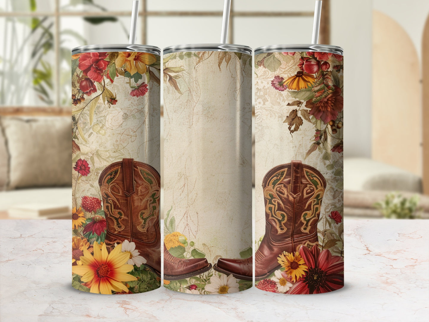 Cowboy boots with floral and distressed wood patterns on a tumbler.