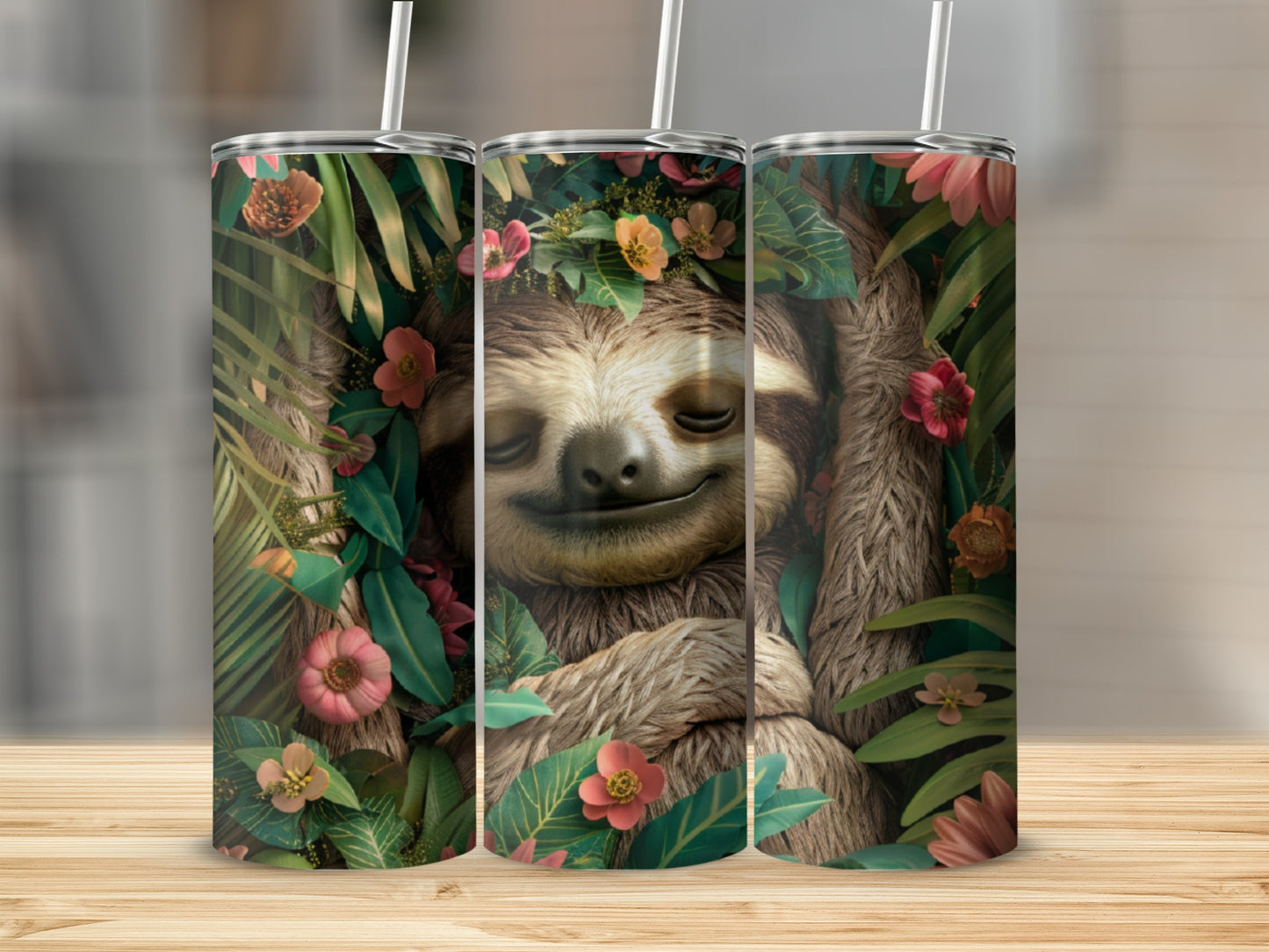 Sloth peeking through lush jungle foliage with flowers and leaves.